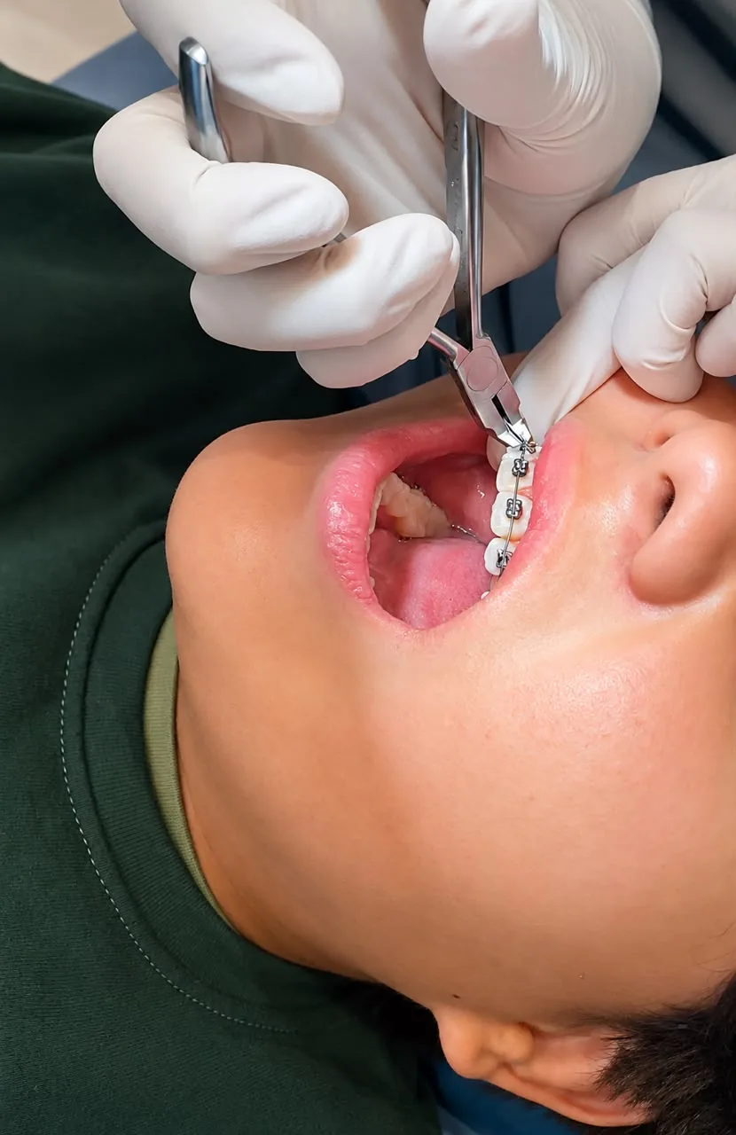 Ajuste de brackets en un paciente durante su consulta de ortodoncia